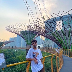 Student leans against a railing and smiles for a photo in front of Singapore's "supertrees."